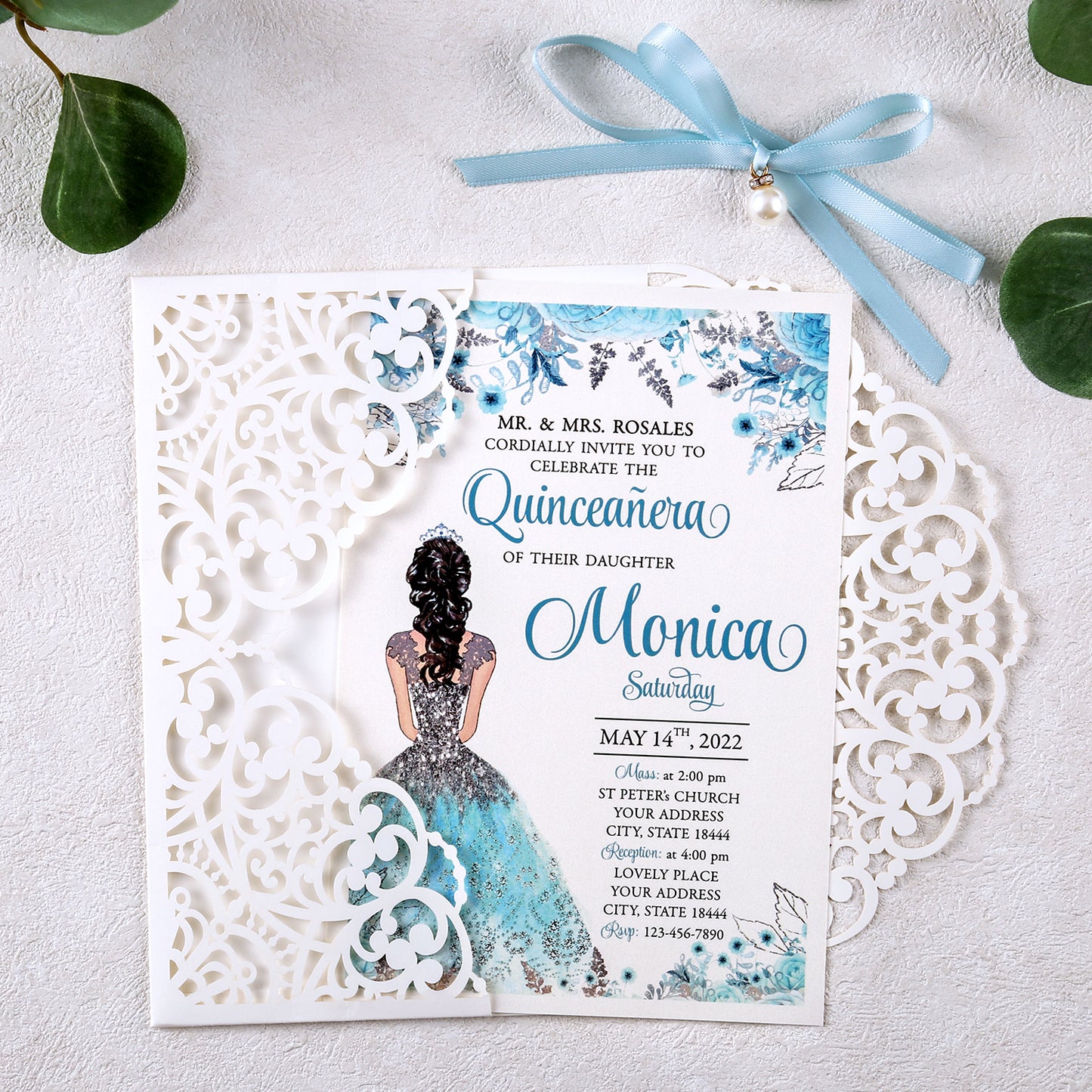 5 X 7.2" Laser Cut Hollow Rose Wedding invitations Cards With Blue Ribbon And Envelopes For Quinceanera Sweet 15 Invite - DorisHome
