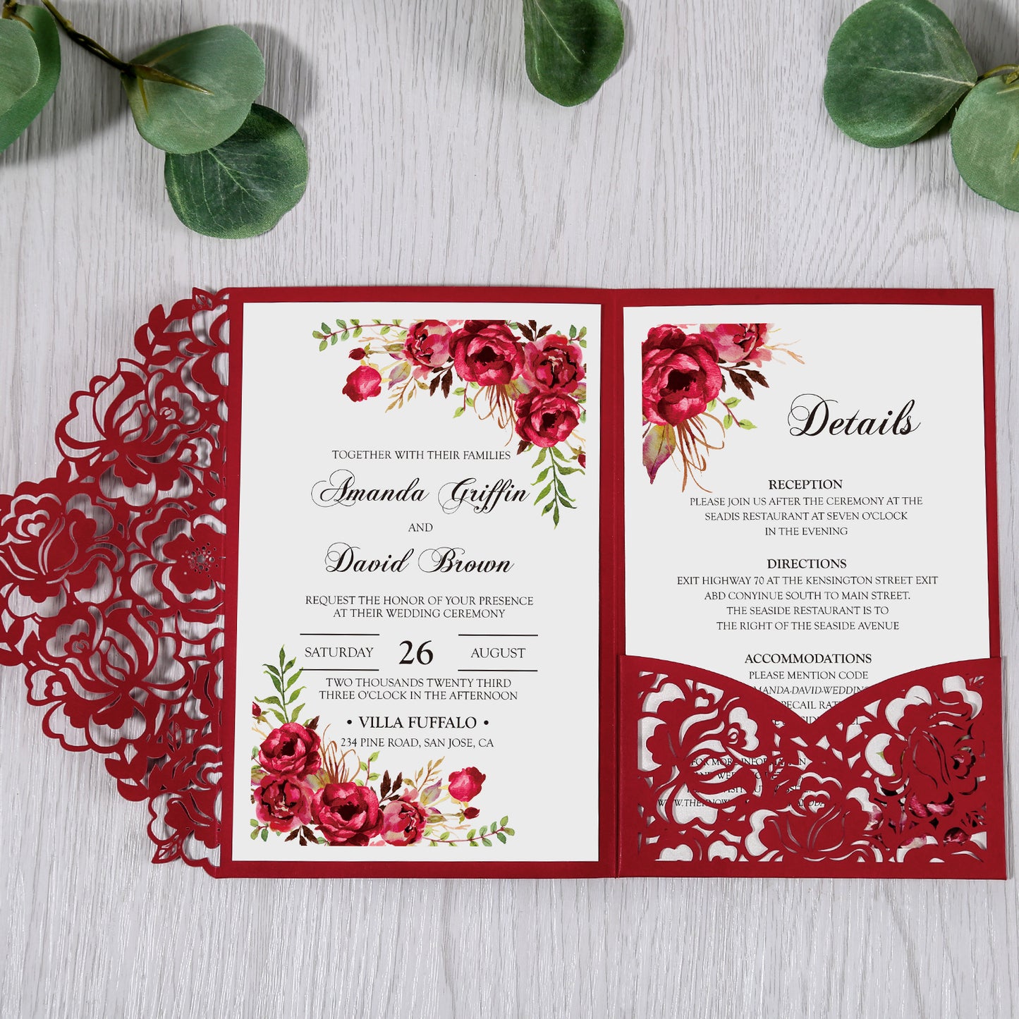 Red Floral Laser cut invitation cards for Wedding - DorisHome