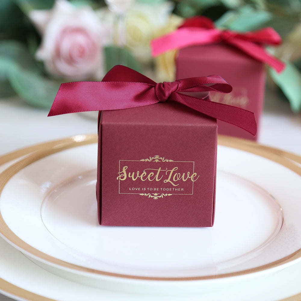 50 pcs Birthday Wedding Party Favor, Wedding Gift Bags Chocolate Candy and Gift Boxes Bridal Shower Party Paper Gift Box Burgundy Boxes with Ribbons,CB080R - DorisHome