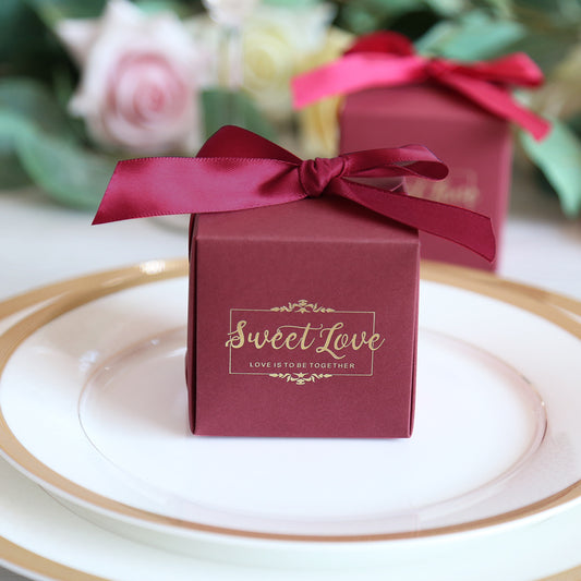 50 pcs Birthday Wedding Party Favor, Wedding Gift Bags Chocolate Candy and Gift Boxes Bridal Shower Party Paper Gift Box Burgundy Boxes with Ribbons,CB080R - DorisHome
