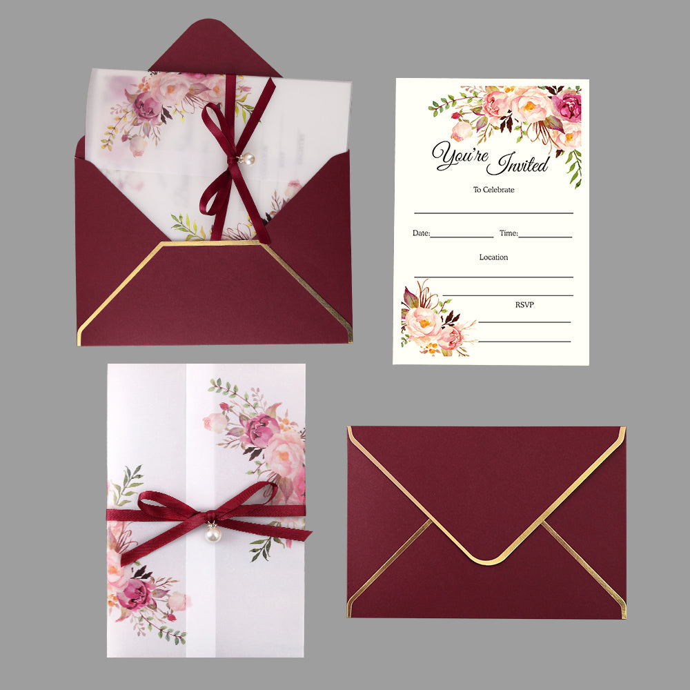 Pocket Burgundy Wedding Invitations Greeting Cards - DorisHome
