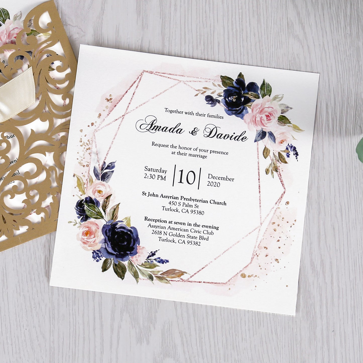 Gold Laser Cut Beige Ribbon Wedding Invitation