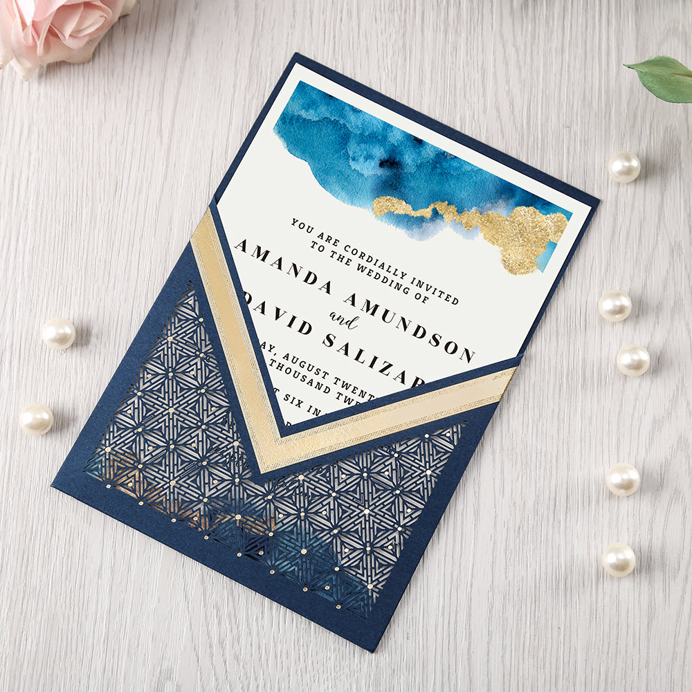 Blue Floral Laser cut invitation cards for Wedding, Anniversary - DorisHome