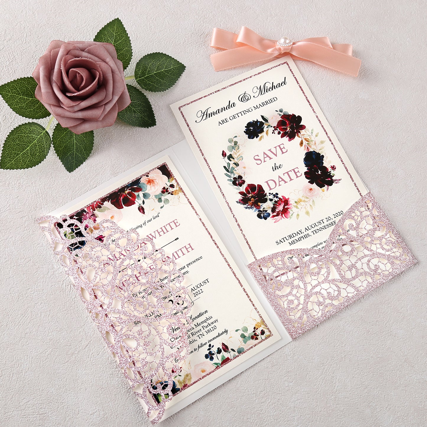4.7 x7 inch Rose Gold Glitter Laser Cut Hollow Rose Wedding Invitations Cards with Envelopes for Wedding Party