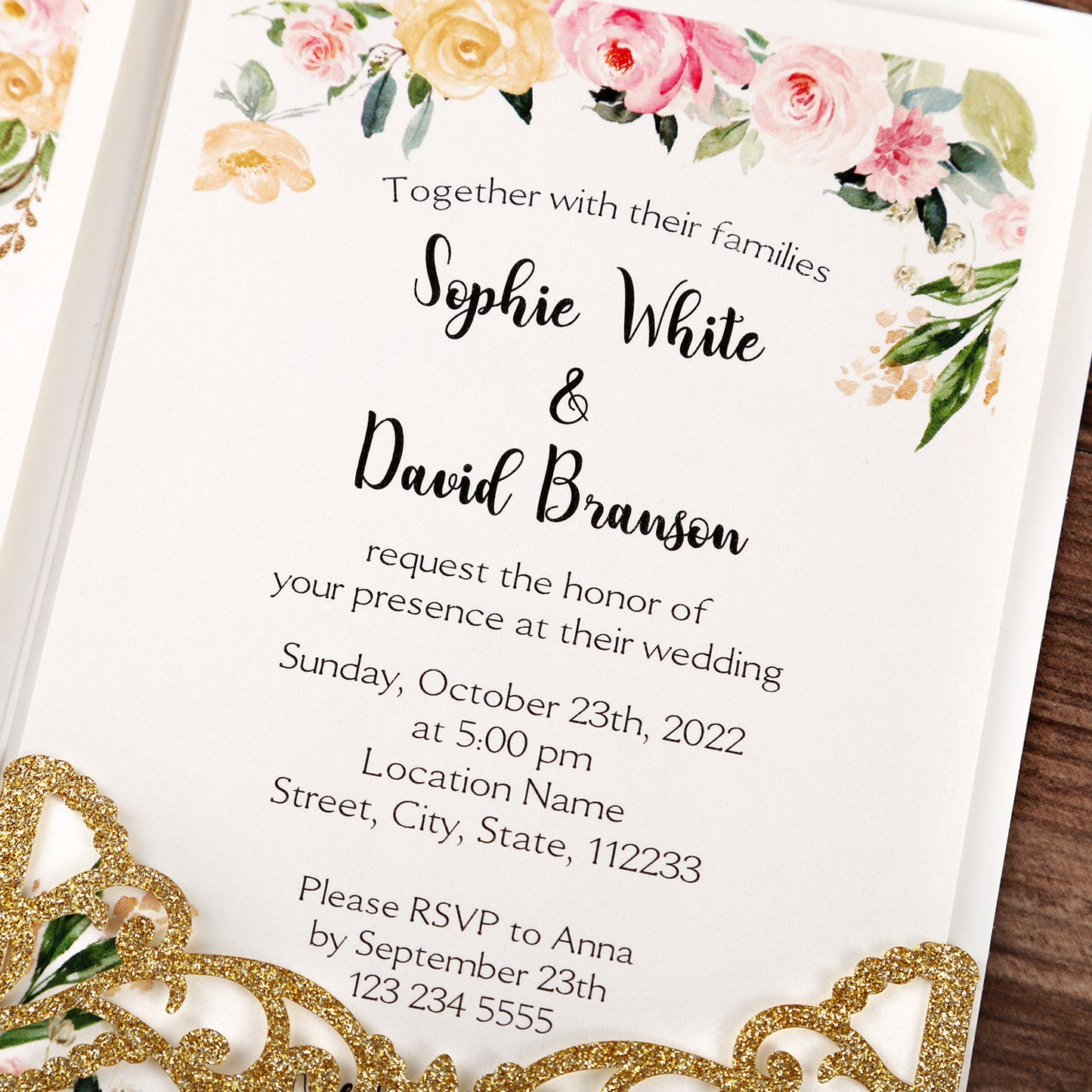 DreamBuilt 4.7 x7 inch Gold Glitter Laser Cut Wedding Invitations With Envelopes Kit Hollow Rose Pocket And Burgundy Ribbon Belly Band for Wedding Bridal Shower Engagement Invite