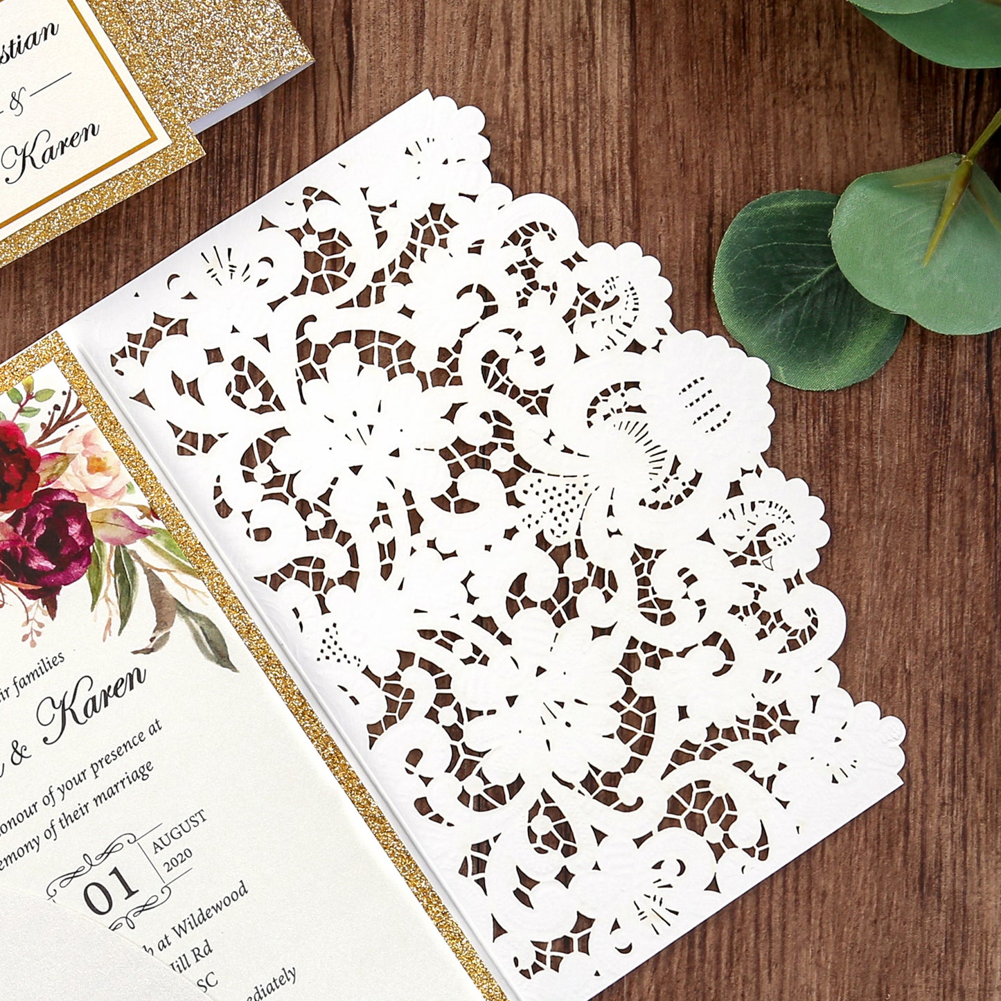 White Hollow Flora Laser Cut Invitations with Gold Glitter Border and Glitter Belly Band for wedding,bridal shower