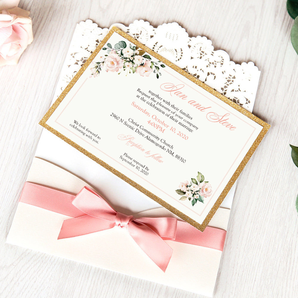 White Hollow Flora Laser Cut Invitations with Gold Glitter Border and Pink Ribbons for wedding,bridal shower - DorisHome