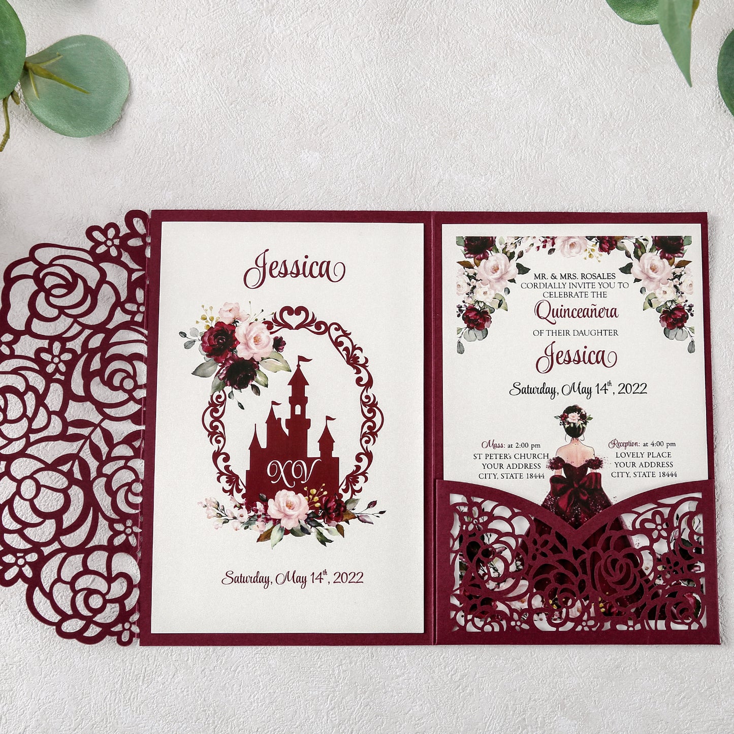 DreamBuilt 4.7 x7 inch Burgundy Laser Cut Hollow Rose Quinceanera Invitations Cards with Burgundy Pockets and Envelopes for Quinceanera Invite