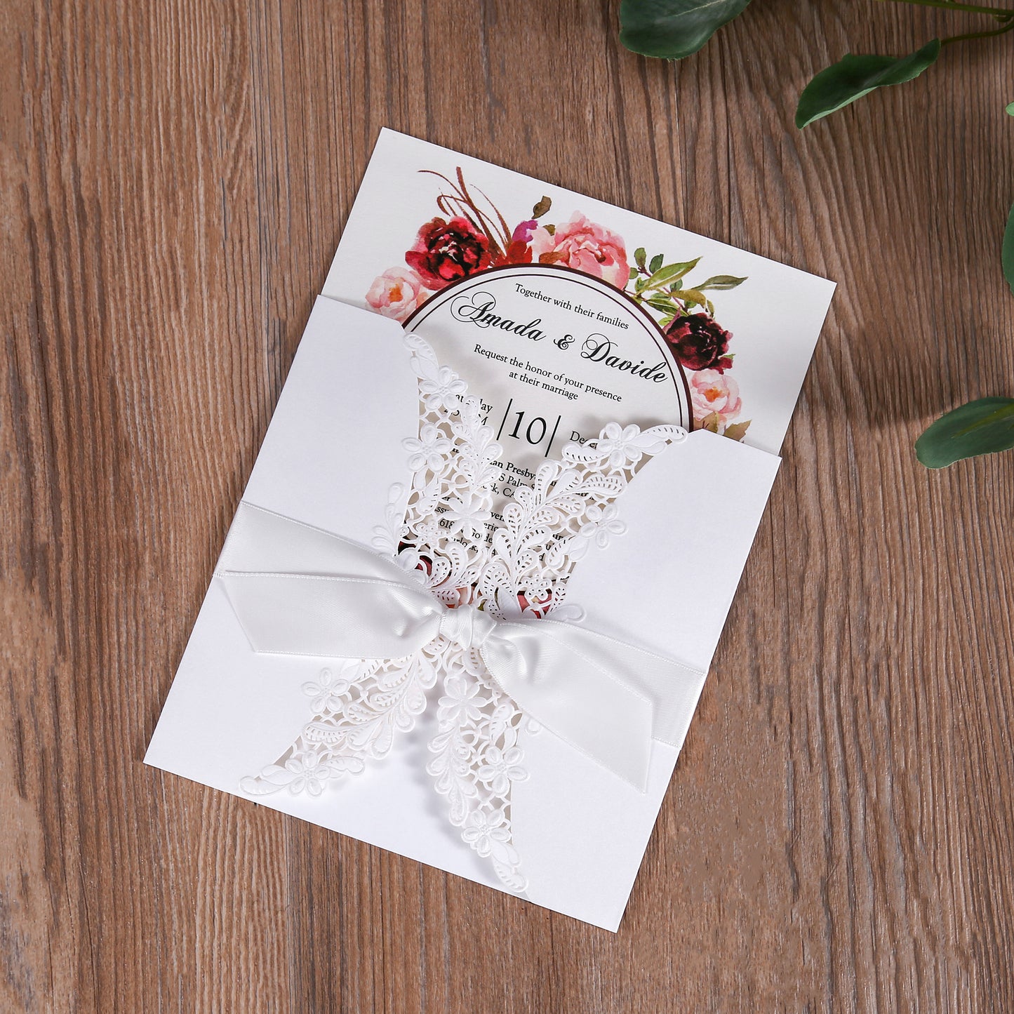 Laser cut Ivory White Hollow Flora Wedding Invitation with Bowknot