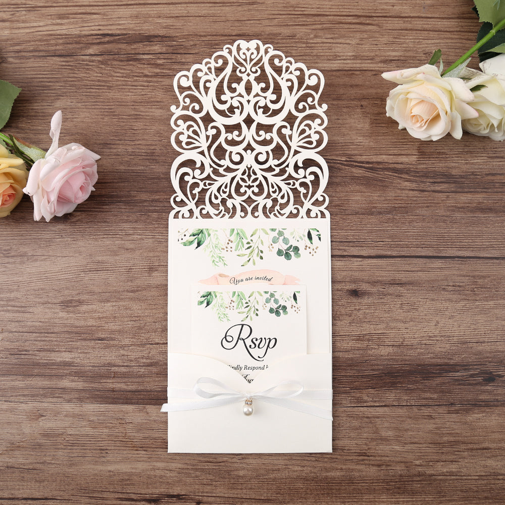 Vertical White Floral Laser cut invitations for Wedding Anniversary - DorisHome