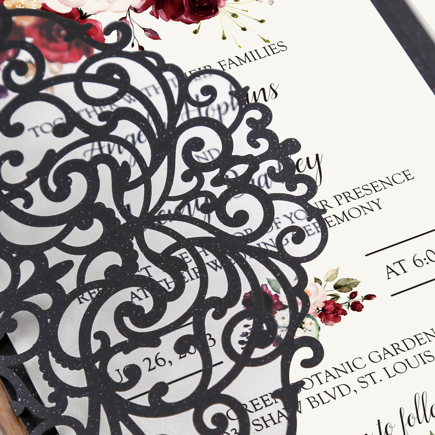 4.7 x7 inch Black Laser Cut Hollow Rose Wedding Invitations Cards with Envelopes for Wedding Party