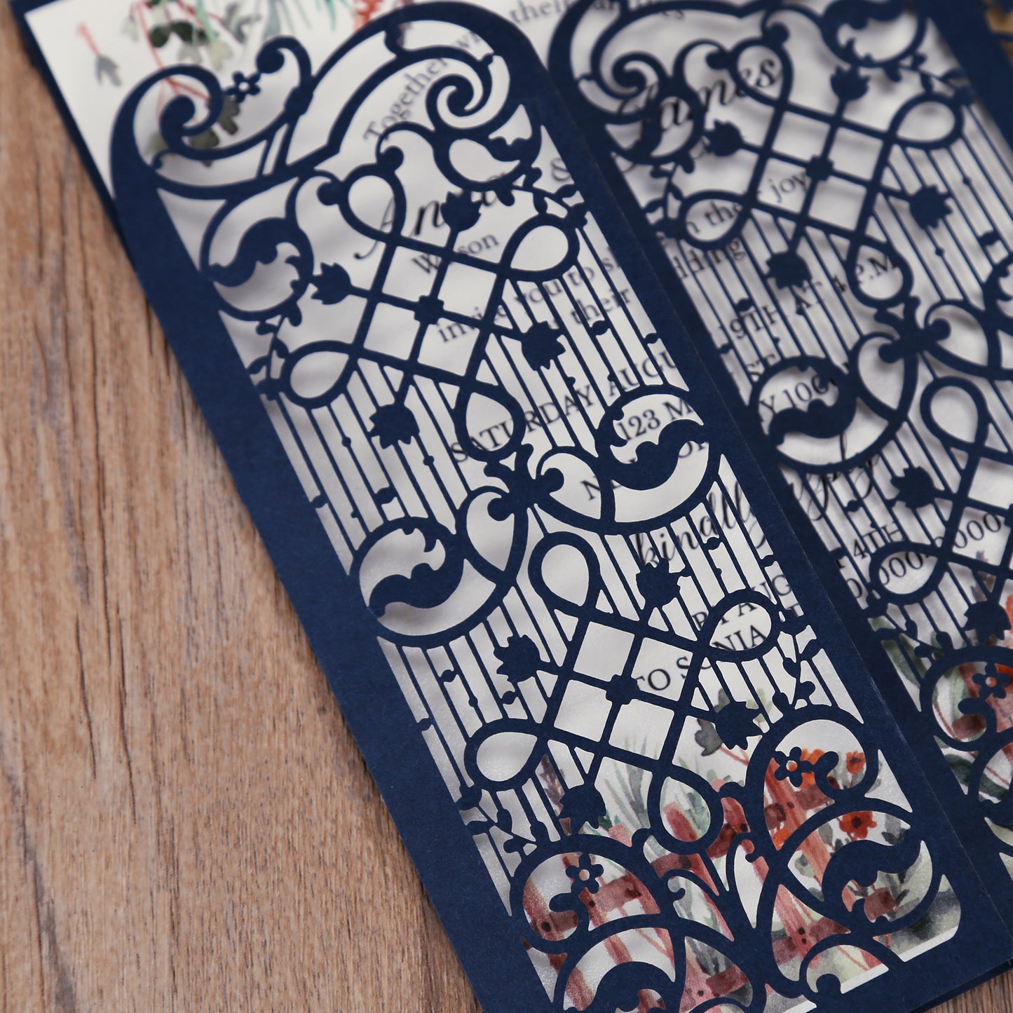 Vertical Navy Blue Elegant Wedding Invitation With Laser Cut Flower, CW5102