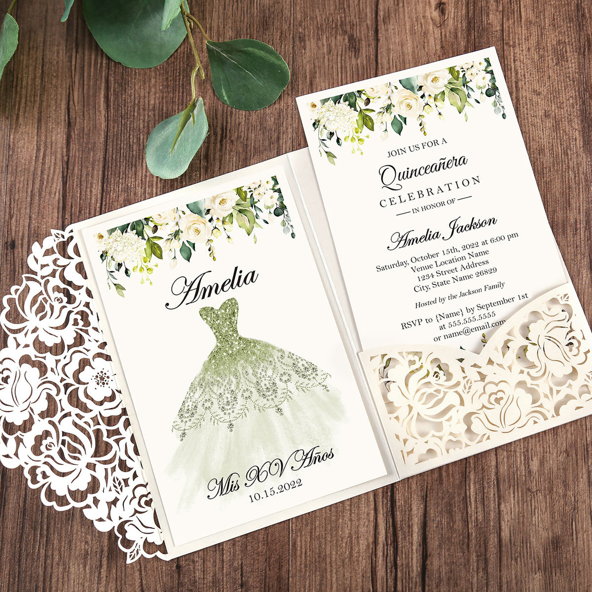 White Floral Laser cut green design invitation cards for Quinceanera