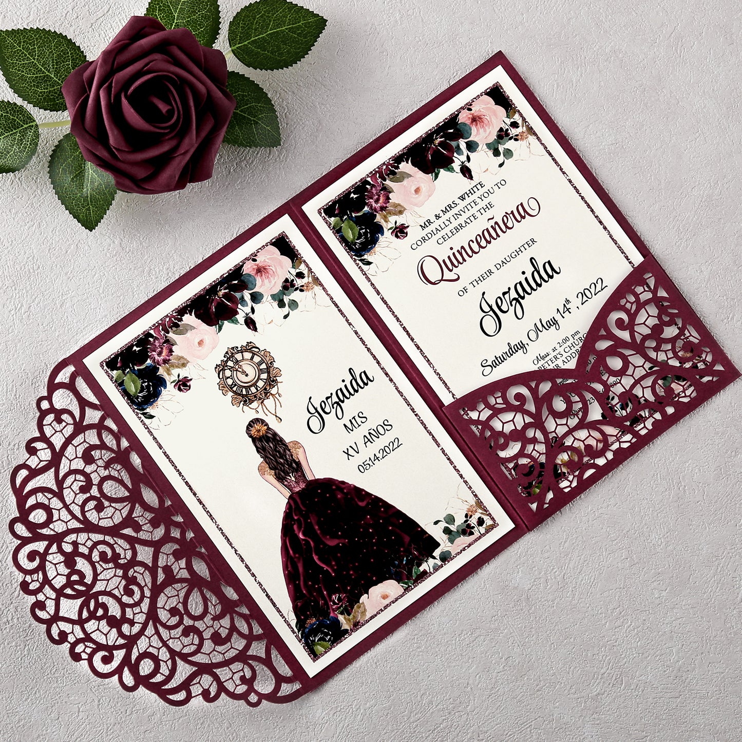 4.7 x7 inch Burgundy Laser Cut Hollow Rose Quinceanera Invitations Cards with Envelopes for Quinceanera Party