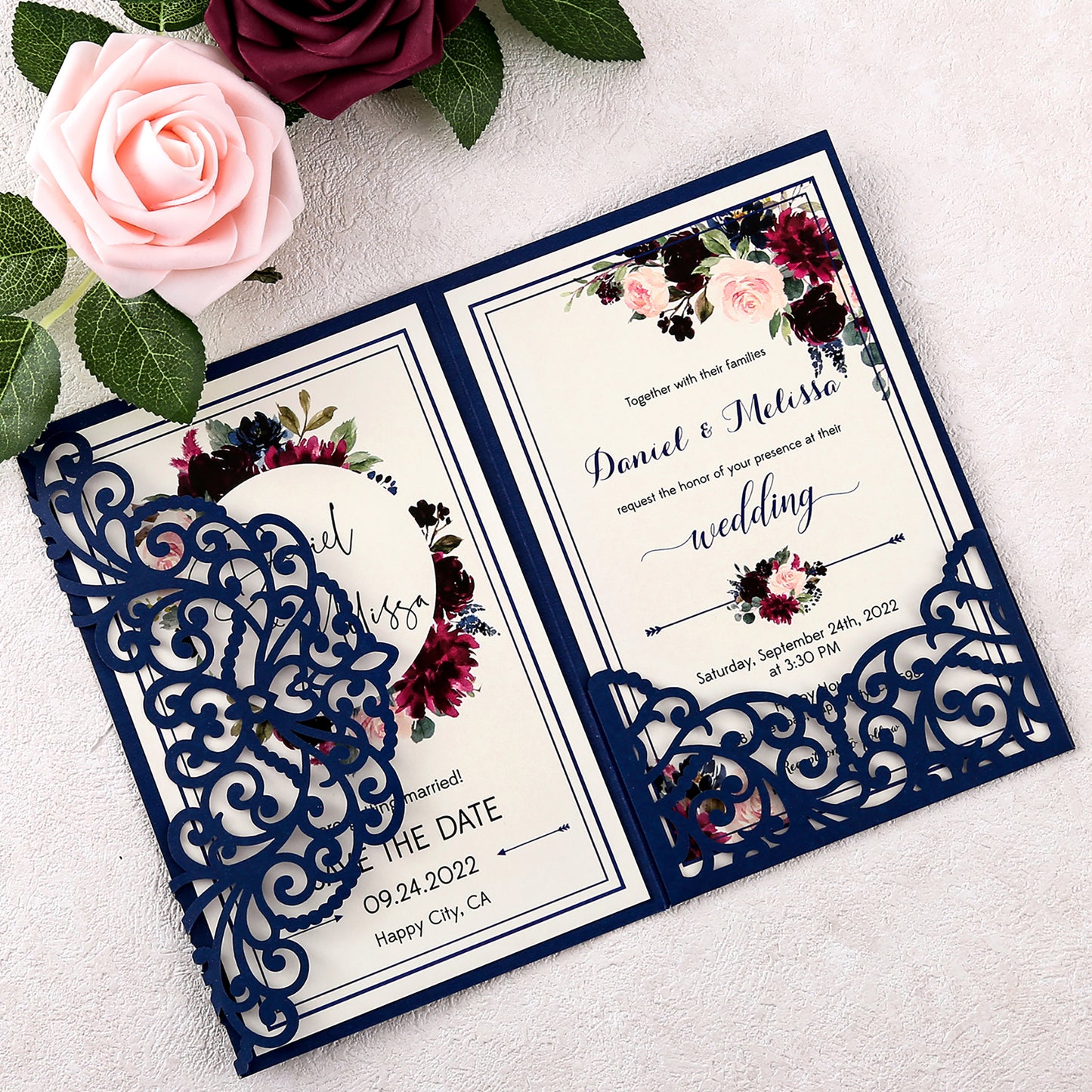 DreamBuilt 4.7 x7 inch Navy Blue Laser Cut Wedding Invitations With Envelopes Kit Hollow Rose Pocket And Gold Glitter Belly Band for Wedding Bridal Shower Engagement Invite
