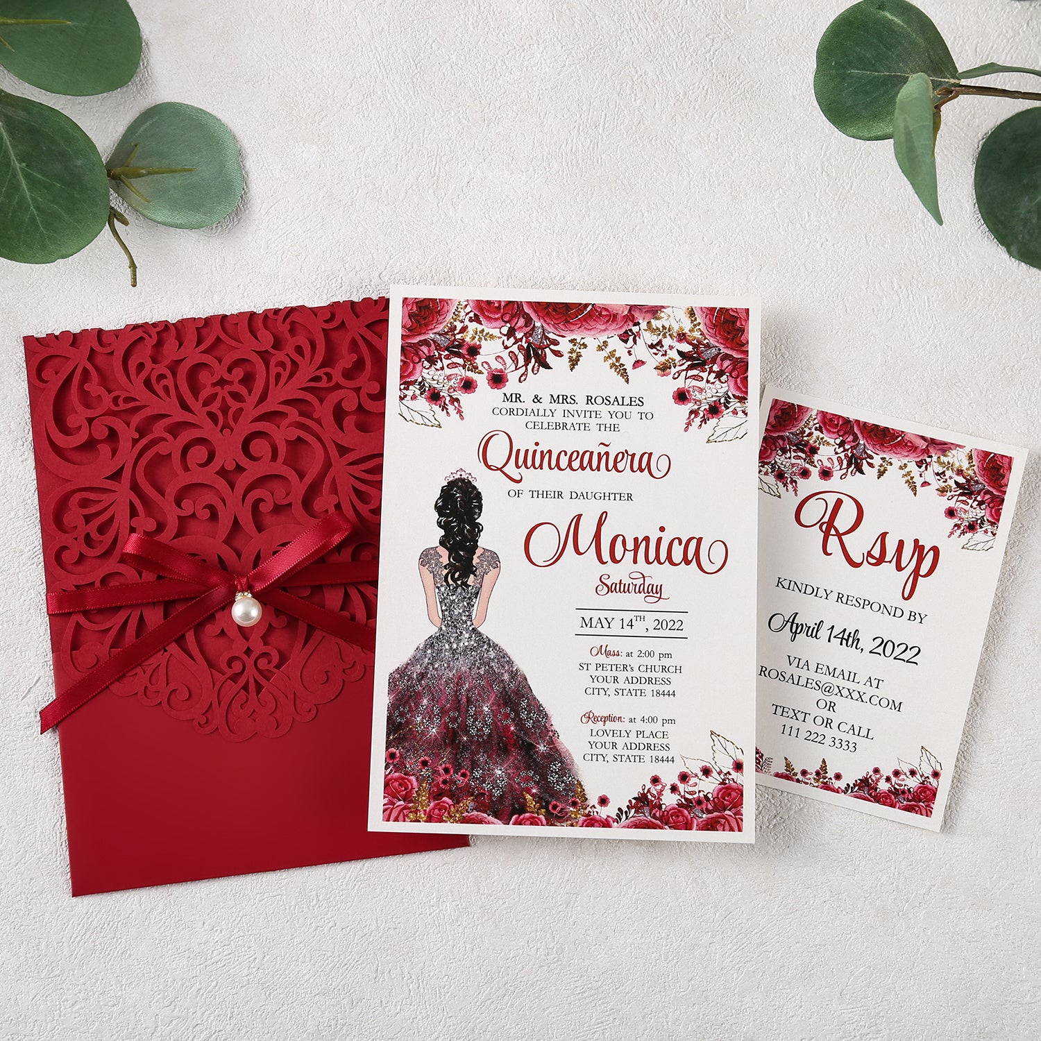 Red Floral Laser cut invitation cards with ribbon belly band and pearl for Quinceanera - DorisHome