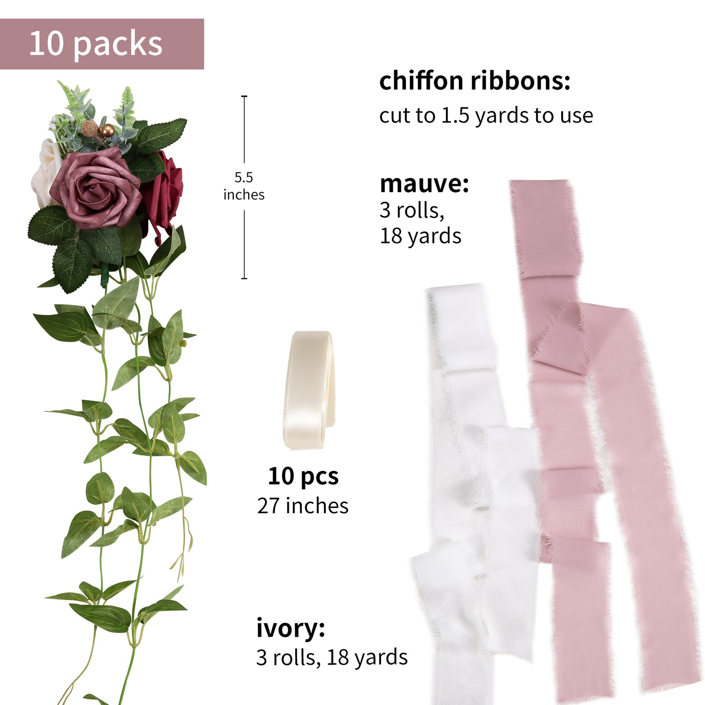 Wedding Aisle Decorations Mauve Burgundy Pew Flowers Set of 10 for Wedding Ceremony Party Chair Decor with Artificial Flowers Eucalyptus and Ribbons