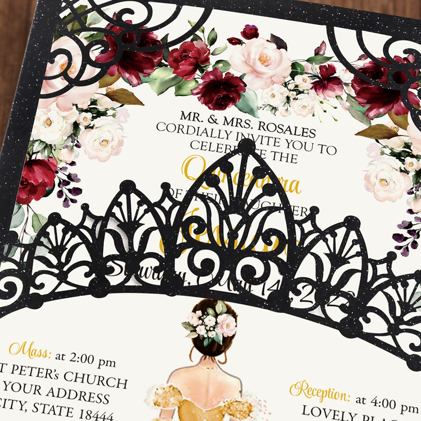 Pearlized Black Invitations Purple Greeting Cards For Quinceanera