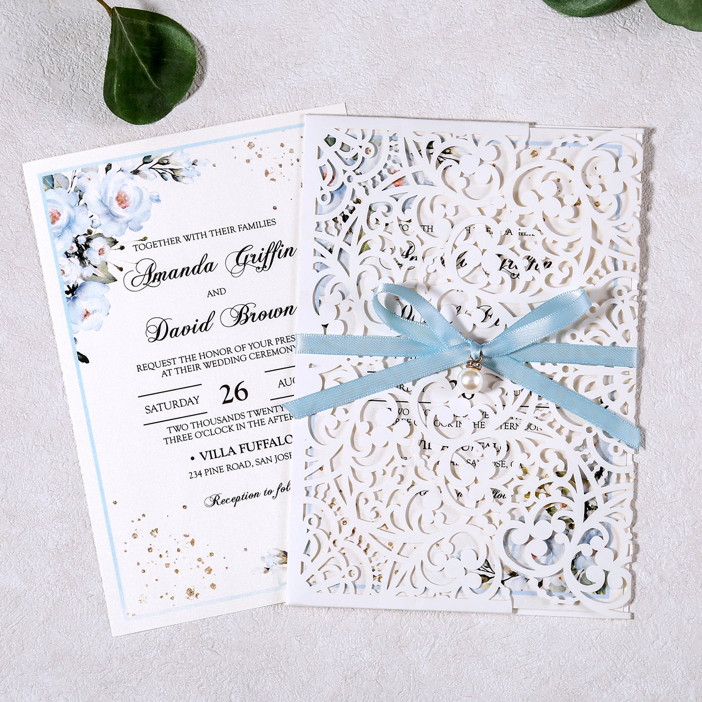 5 X 7.2" Laser Cut Hollow Rose Wedding invitations Cards With Blue Ribbon And Envelopes For Wedding - DorisHome