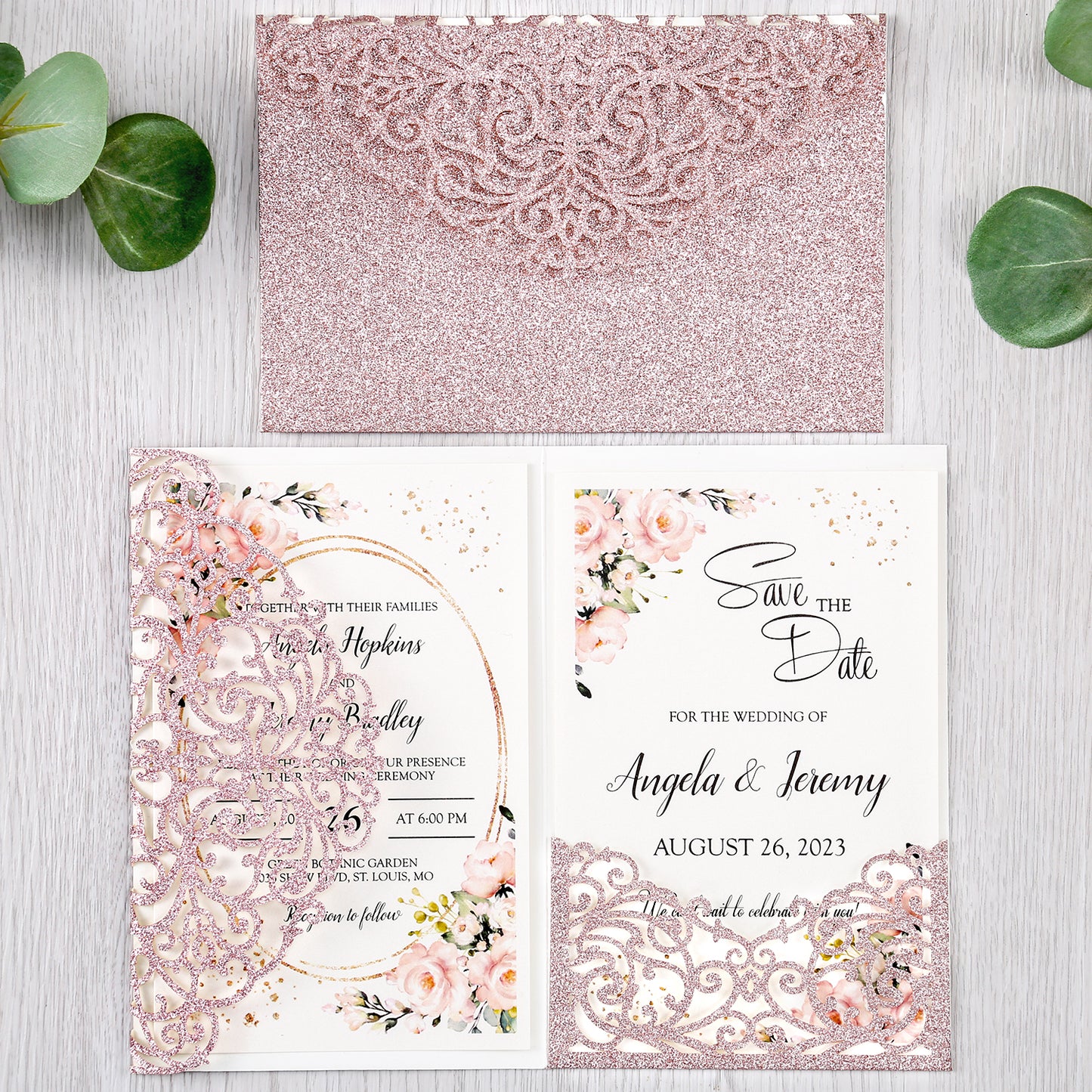 4.7 x7 inch Rose Gold Glitter Laser Cut Hollow Rose Wedding Invitations Cards with Glitter Pockets and Envelopes for Wedding Party - DorisHome