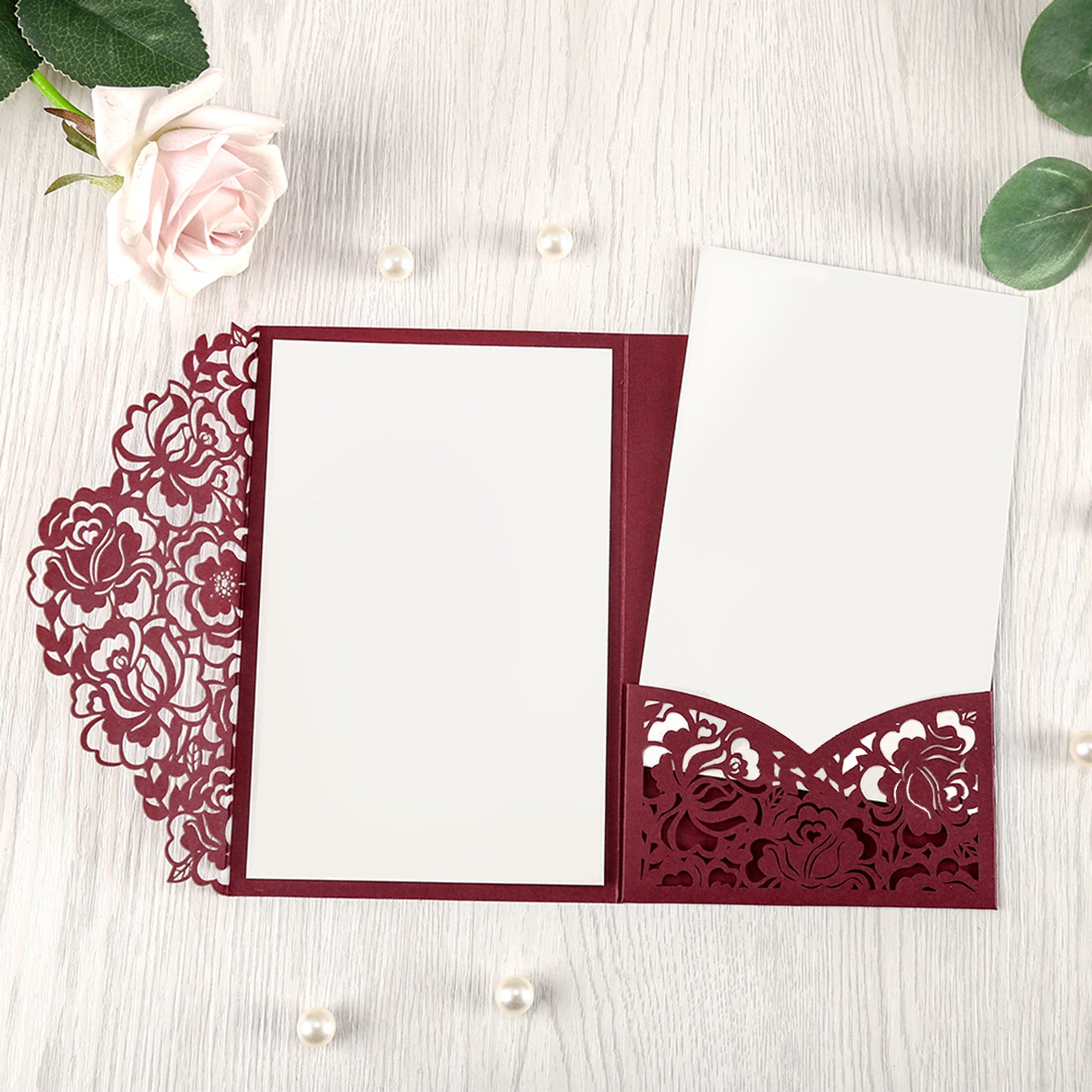 Burgundy Floral Laser cut invitation cards for Wedding - DorisHome