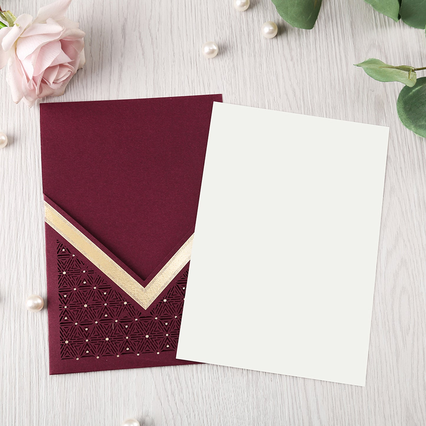 Burgundy Floral Laser cut invitation cards for Wedding, Anniversary, Quinceanera - DorisHome