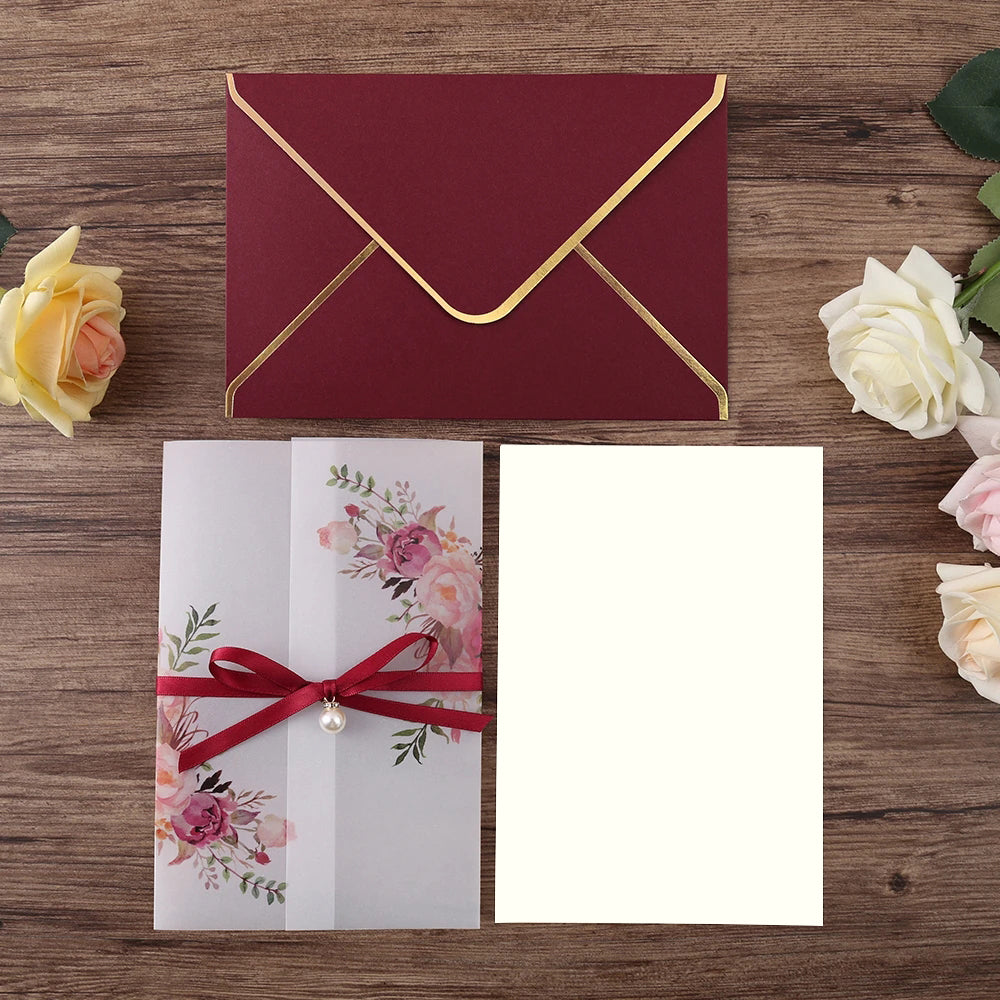 Pocket Burgundy Wedding Invitations Greeting Cards - DorisHome