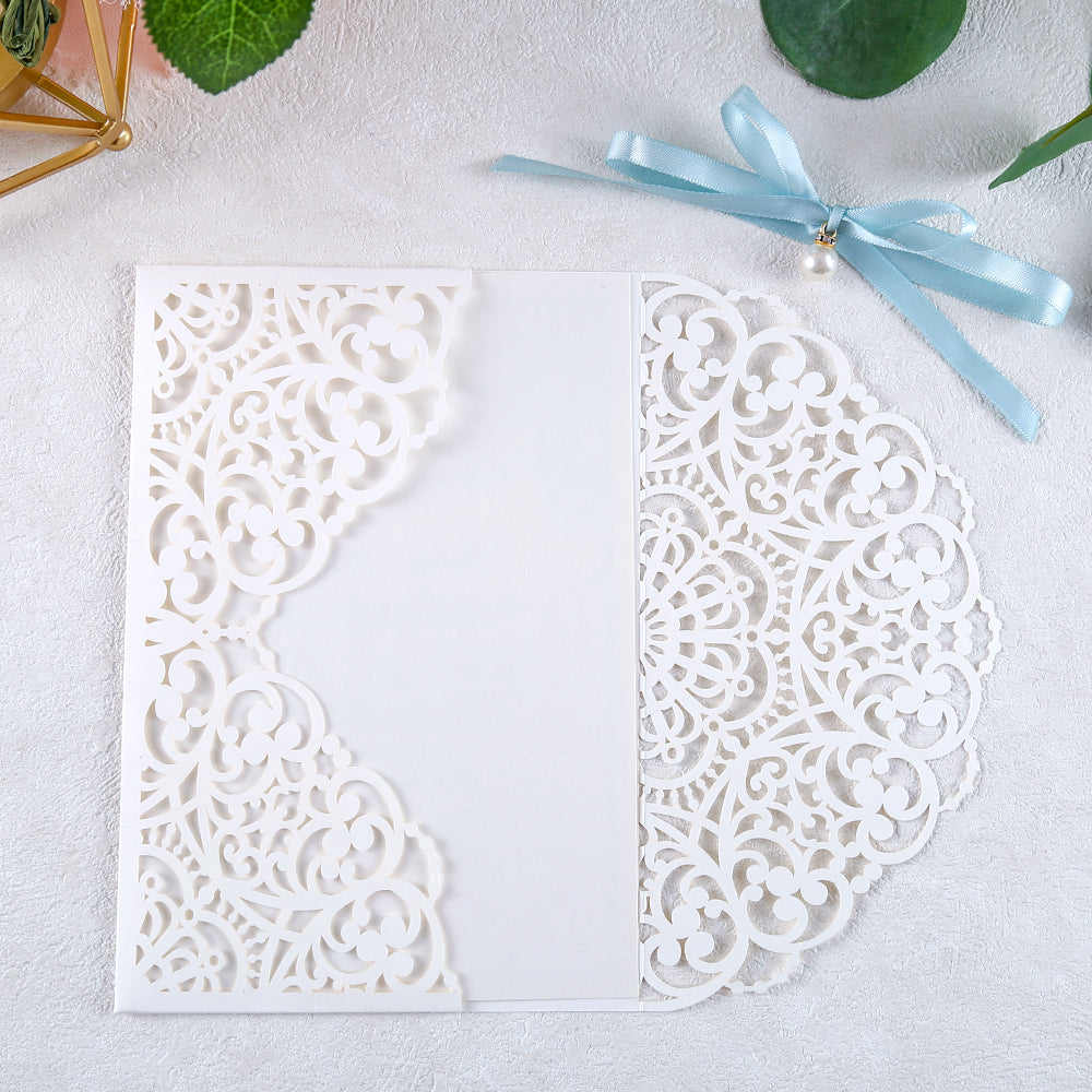 5 X 7.2" Laser Cut Hollow Rose Wedding invitations Cards With Blue Ribbon And Envelopes For Wedding - DorisHome