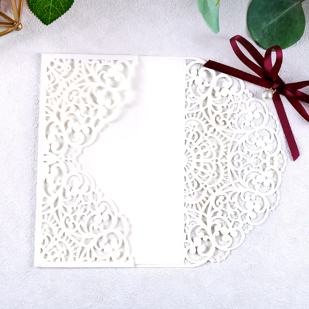 5 X 7.2" Laser Cut Hollow Rose Wedding invitations Cards With Burgundy Ribbon And Envelopes For Quinceanera Sweet 15 Invite - DorisHome