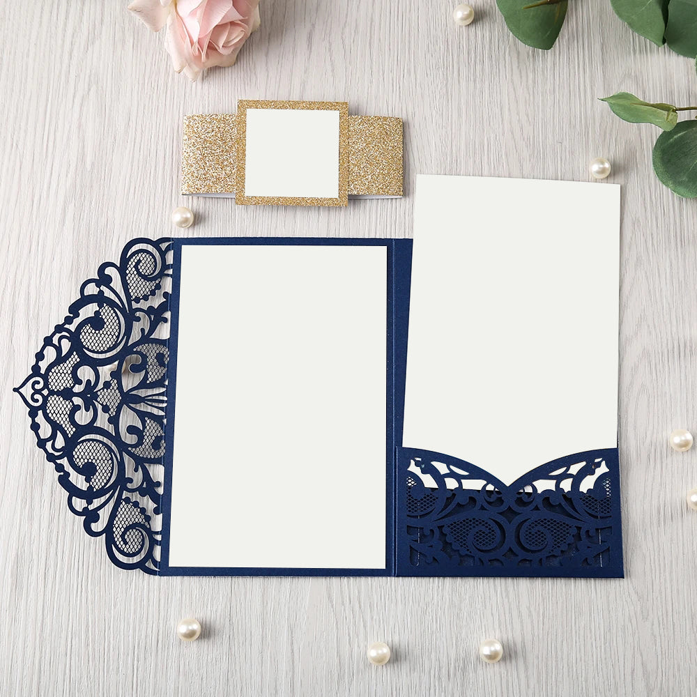 Pearlized Blue Floral Laser cut Wedding Invitation with Glitter Gold Bellyband for Wedding, Anniversary, Quinceanera - DorisHome