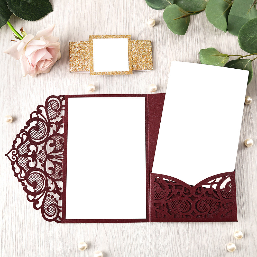 Pearlized Burgundy Floral Laser cut Wedding Invitation with Glitter Gold Bellyband for Wedding, Anniversary, Quinceanera - DorisHome