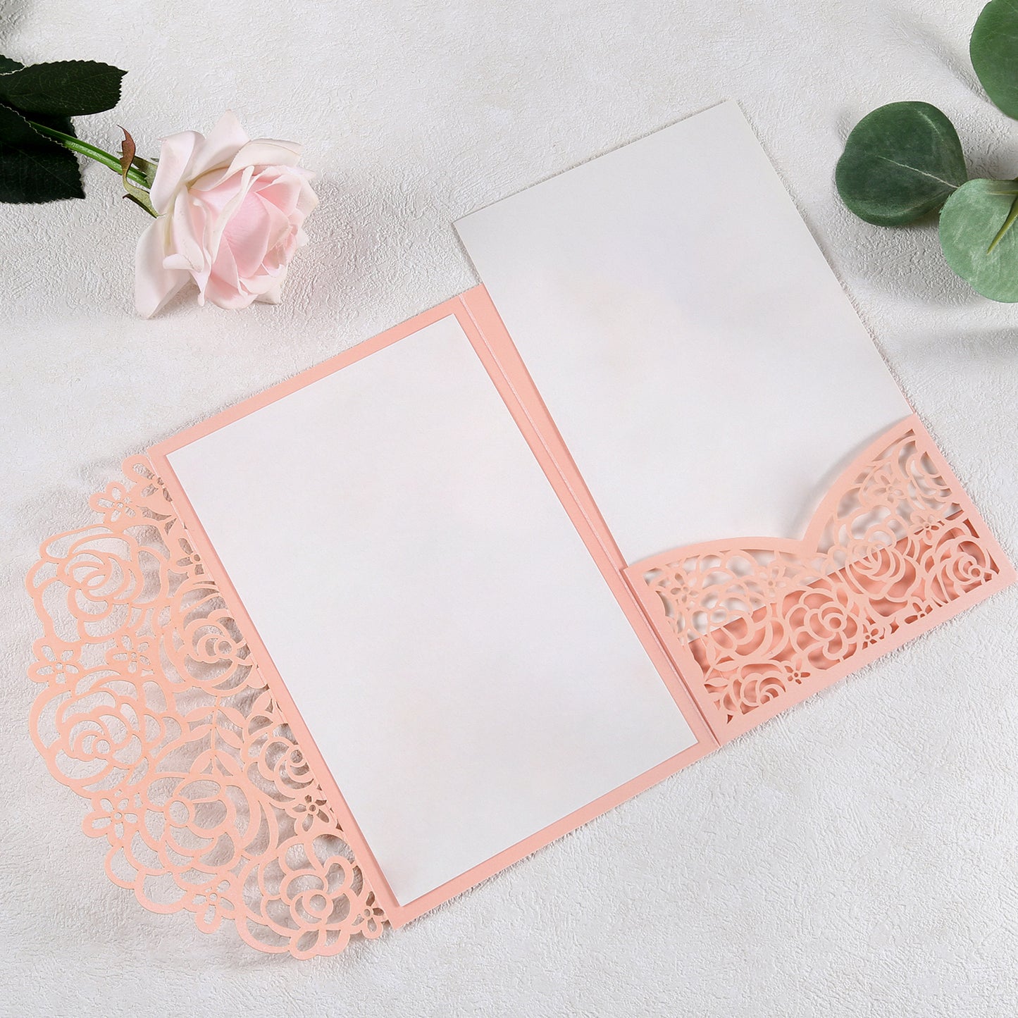4.7 x7 inch Pink Laser Cut Hollow Rose Wedding Invitations Cards with Pearlized Pockets and Envelopes for Wedding Bridal Shower - DorisHome