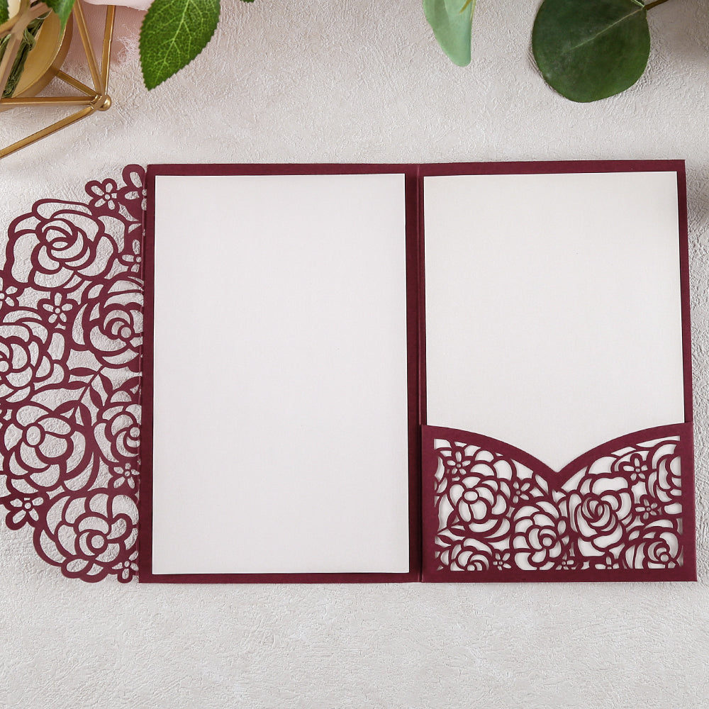 4.7 x7 inch Burgundy Laser Cut Hollow Rose Wedding Invitations Cards with Pearlized Pockets and Envelopes for Wedding Bridal Shower - DorisHome