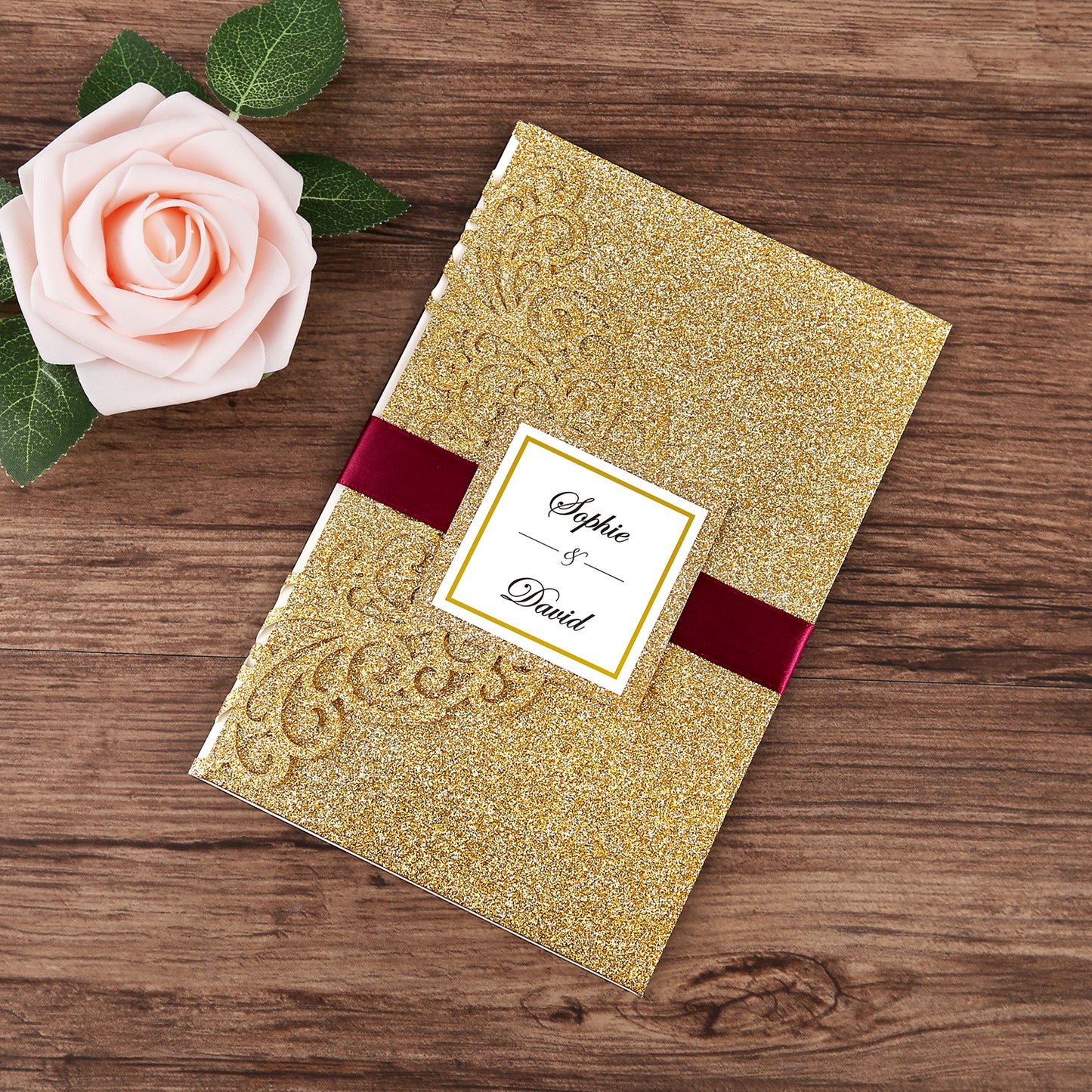 DreamBuilt 4.7 x7 inch Gold Glitter Laser Cut Wedding Invitations With Envelopes Kit Hollow Rose Pocket And Burgundy Ribbon Belly Band for Wedding Bridal Shower Engagement Invite