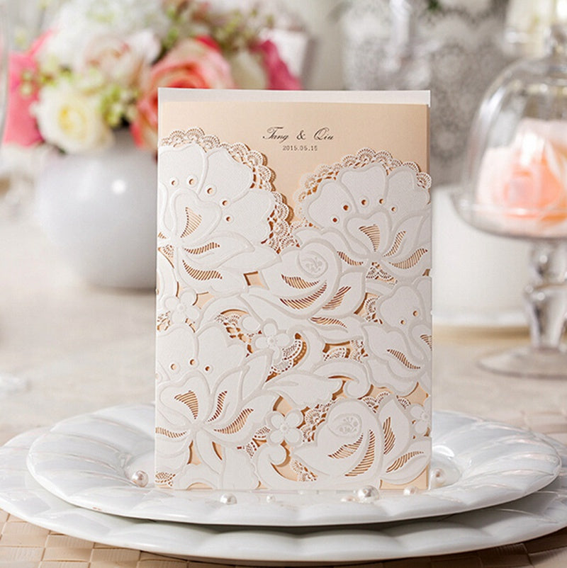 Ivory White Hollow Flora Laser Cut Invitation,Invitations,Doris Home - DorisHome