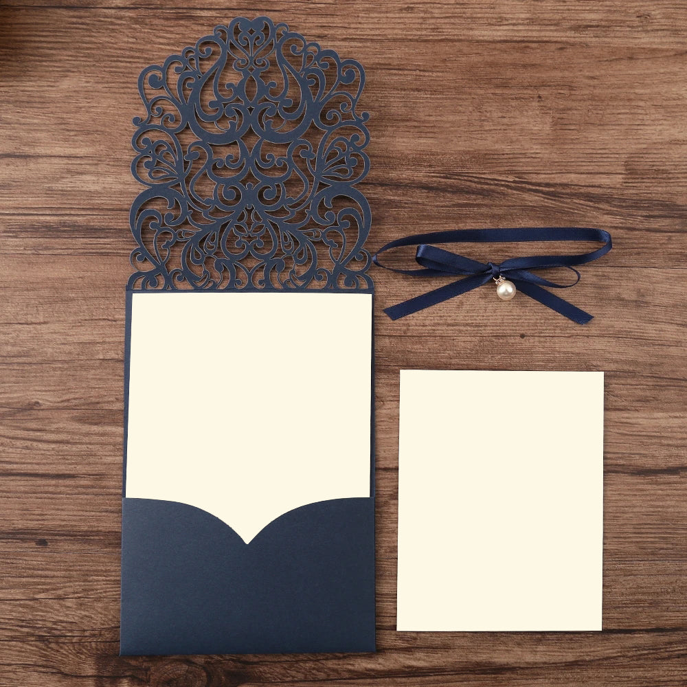 Navy Blue Pearl Pendant Floral Laser cut invitation cards for Wedding Anniversary - DorisHome
