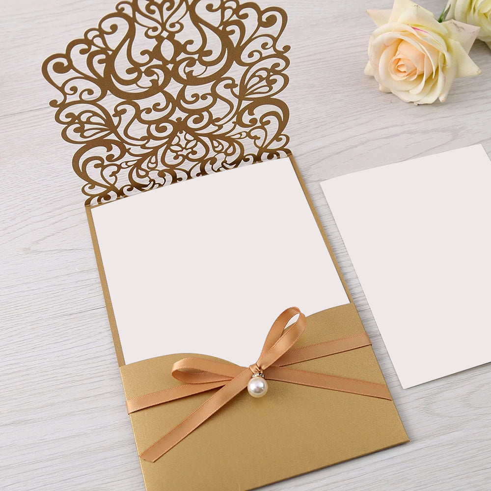 Gold Floral Laser Cut Invitation Card With Belly Band And Pearl For Wedding Anniversary - DorisHome