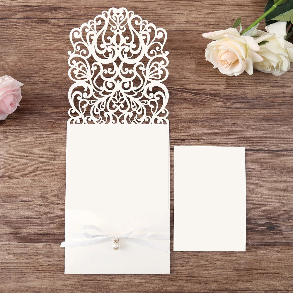 Vertical White Floral Laser cut invitations for Wedding Anniversary - DorisHome