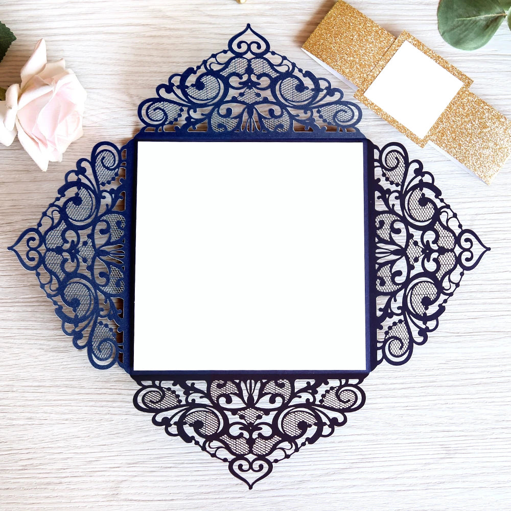 Square Blue Wedding Invitations with Glitter Belly Band for Wedding - DorisHome