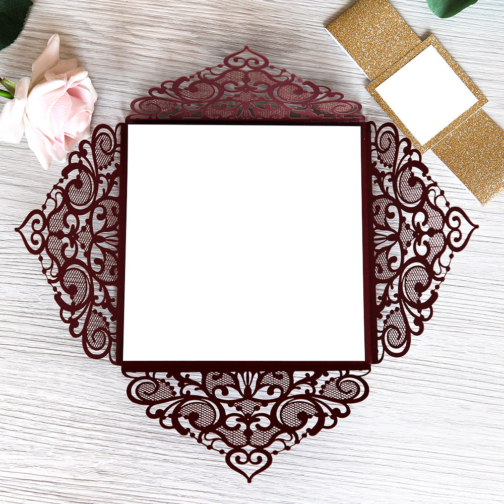 Square Burgundy Wedding Invitations with Gold Glitter Belly Band for Wedding - DorisHome