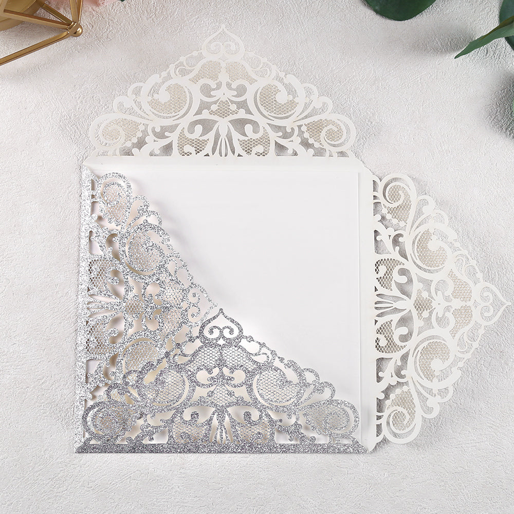 Square Glitter Sliver Wedding Invitations with Burgundy Ribbon Belly Band for Wedding - DorisHome
