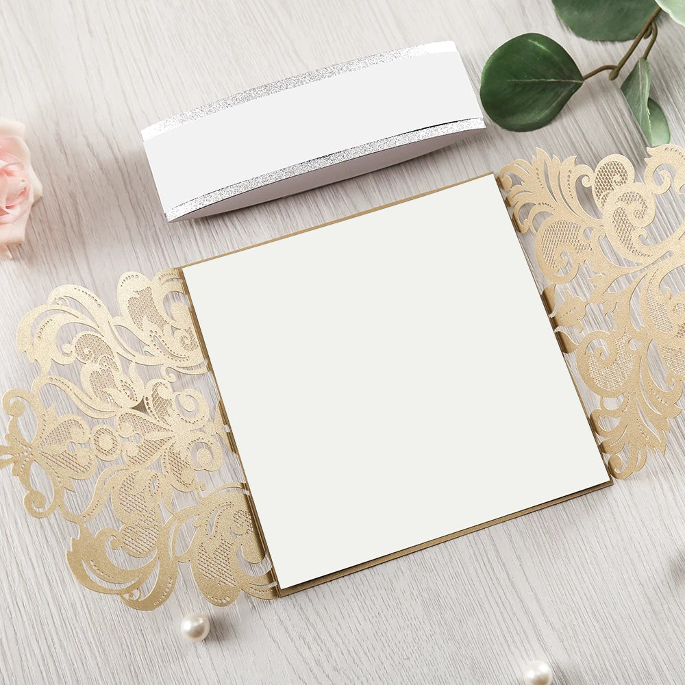 Square Gold Wedding Invitations with Belly Band for Wedding, Bridal Shower, Dinner - DorisHome