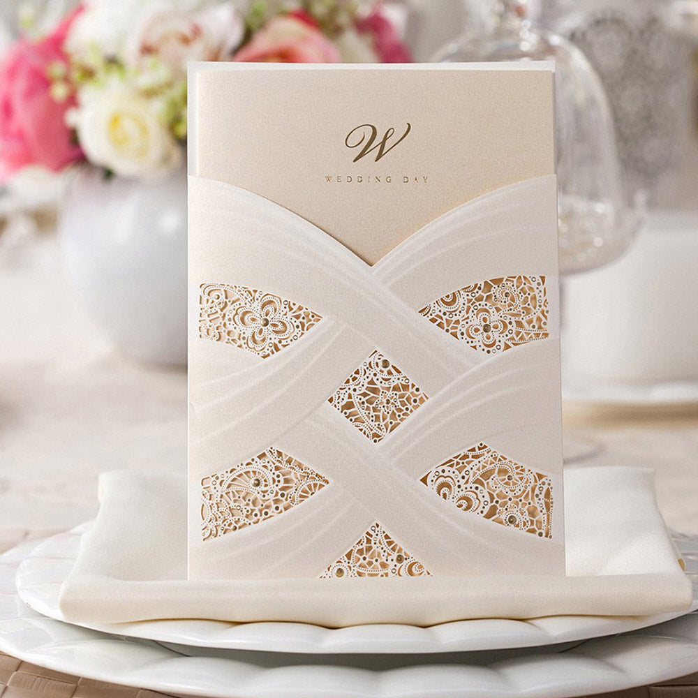 Vertical Laser Cut Ivory White Hollow Flora Wedding Invitation - DorisHome