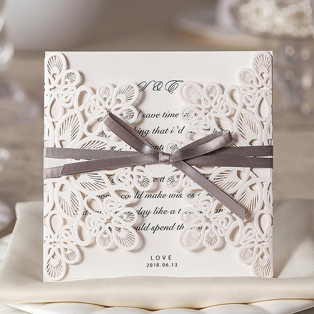 White Laser Cut with Grey Bowknot wedding invitation,Invitations - DorisHome