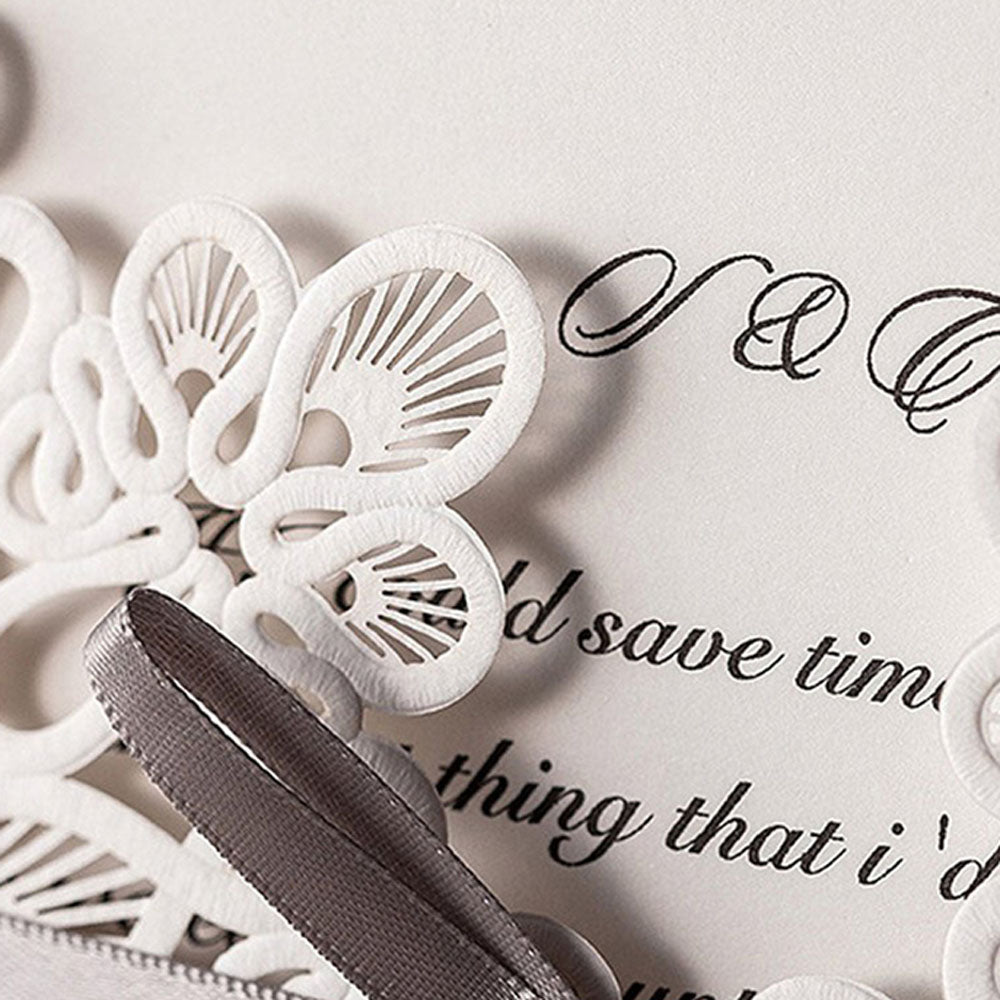 White Laser Cut with Grey Bowknot wedding invitation,Invitations - DorisHome