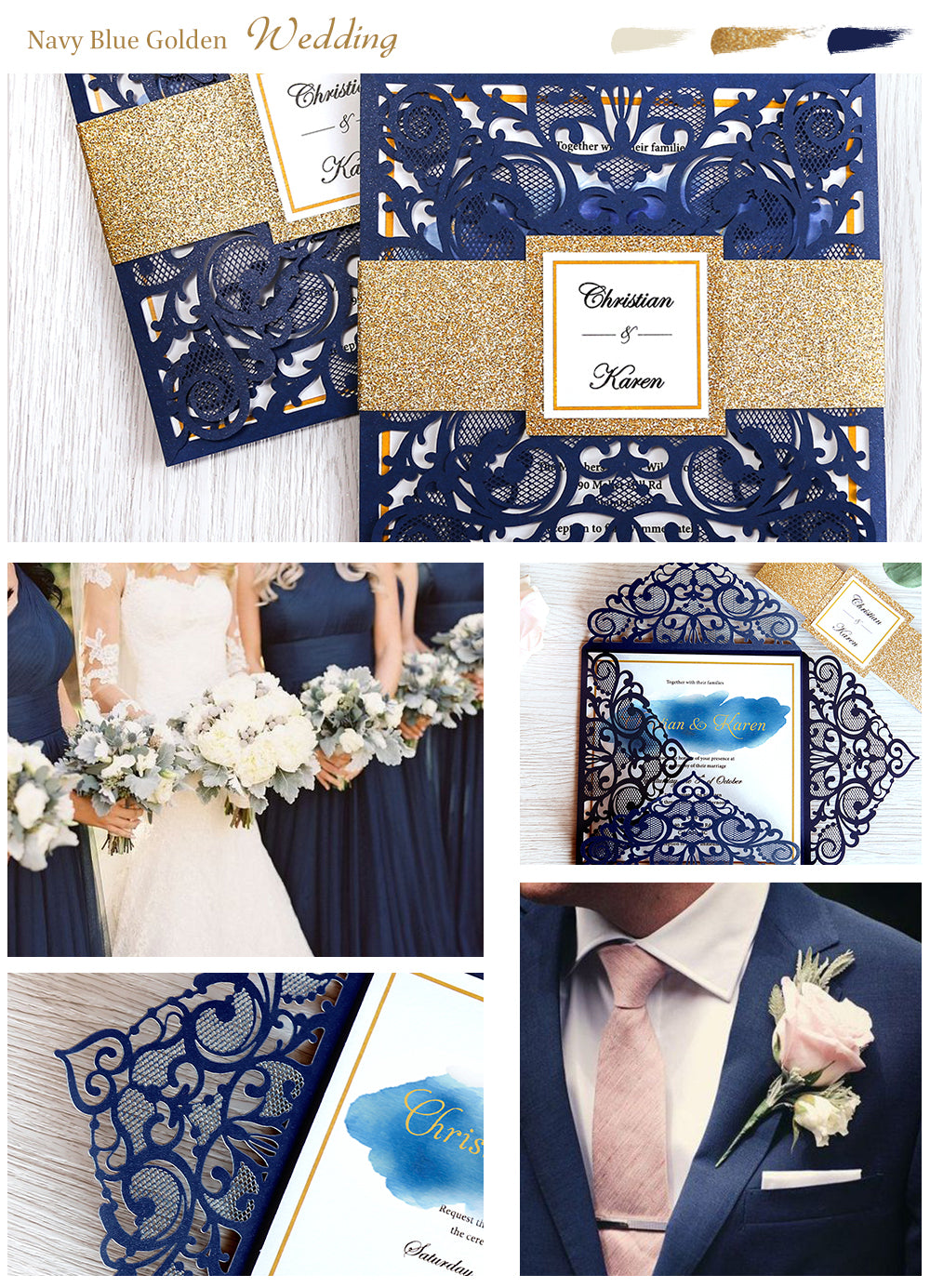Square Blue Wedding Invitations with Glitter Belly Band for Wedding - DorisHome
