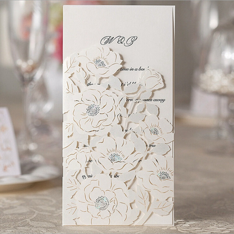 White Hollow Flora Laser Cut Invitation for Wedding Bridal Shower - DorisHome