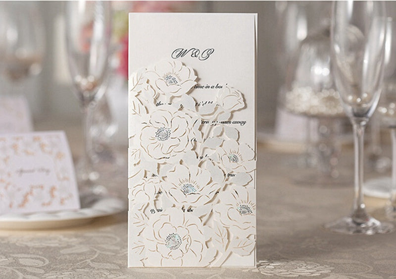 White Hollow Flora Laser Cut Invitation for Wedding Bridal Shower - DorisHome