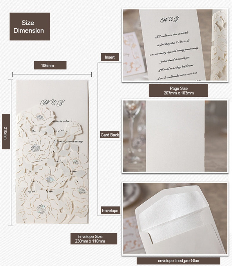 White Hollow Flora Laser Cut Invitation for Wedding Bridal Shower - DorisHome