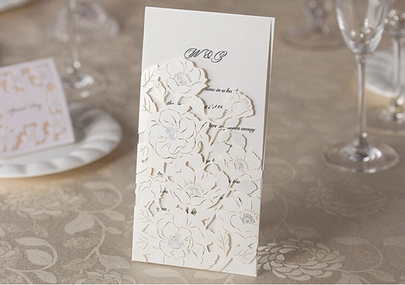 White Hollow Flora Laser Cut Invitation for Wedding Bridal Shower - DorisHome
